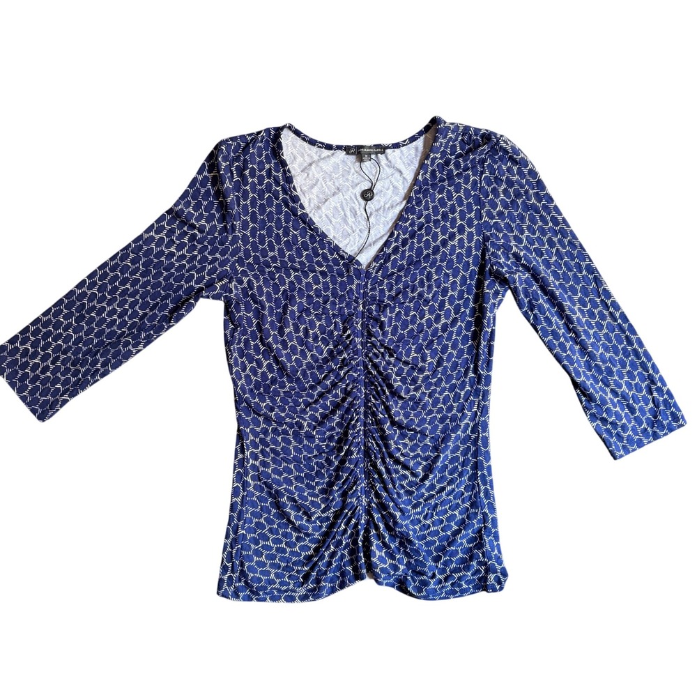 Adrianna Papell Womens Blue White Geometric Ruched V-Neck 3/4 Sleeve Top M NWT
